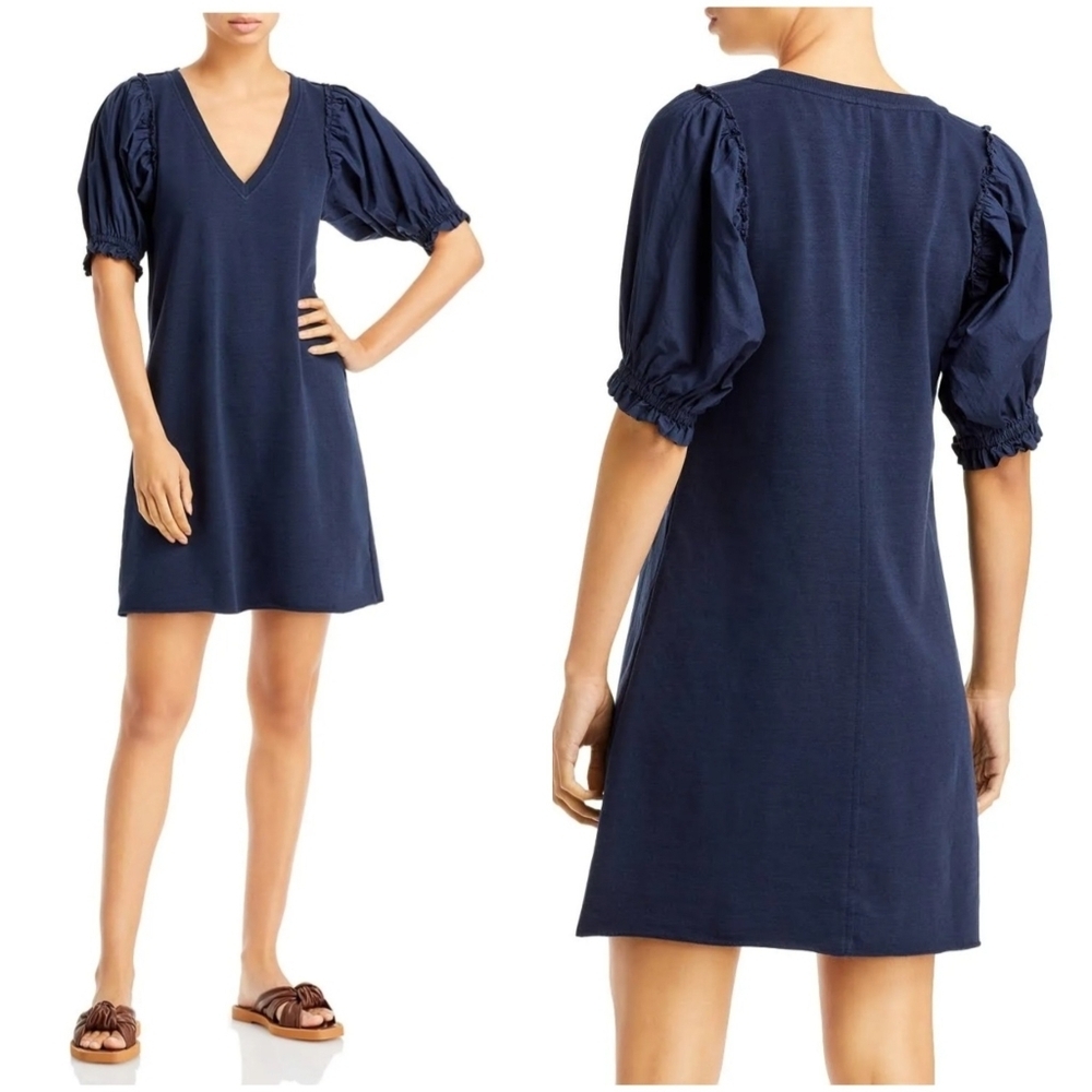 Sundays Navy Mila Puff Sleeve V-Neck Mini Casual Dress, Size Small